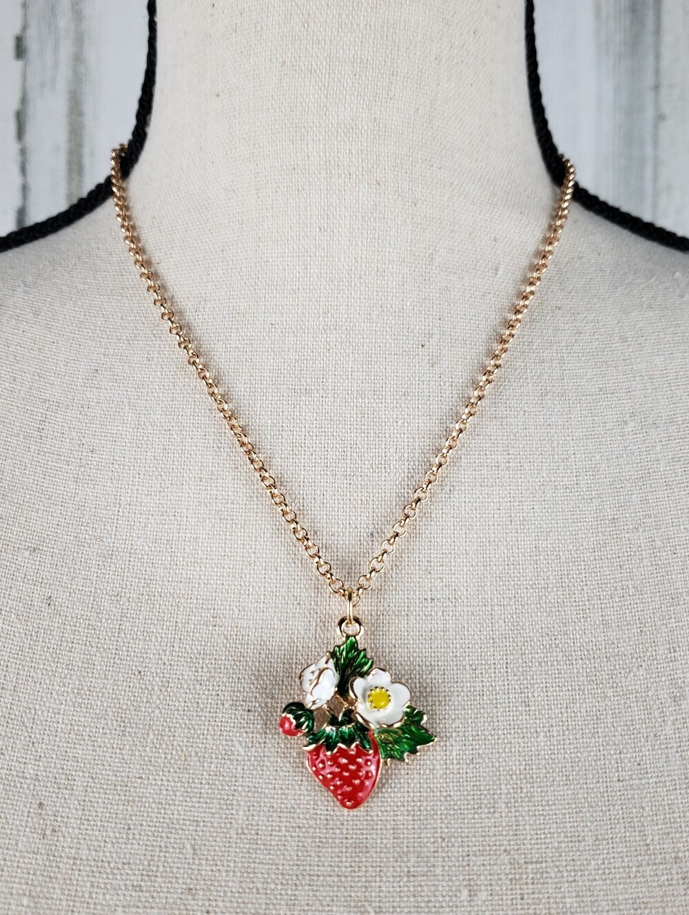 Gold-Tone Strawberry Pendant Necklace with Enamel Flowers